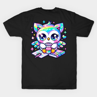 Kawaii Holographic Owl with Coffee and Study Notes T-Shirt